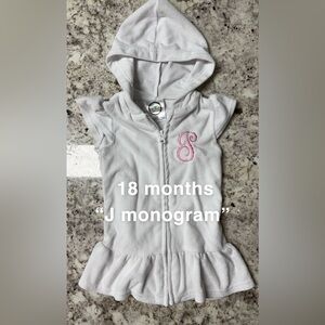 18 months J monogram swimsuit cover up, zipper, white terry cloth, pink J thread
